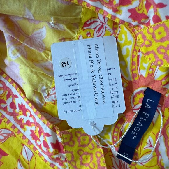 La Plage S Yellow Coral Floral Block Print Dress Short Sleeve, 100% Cotton - Picture 3 of 12